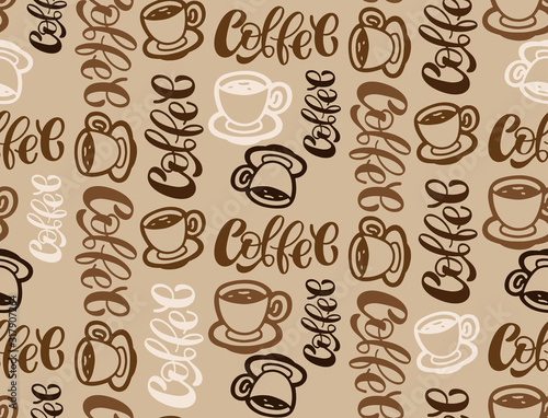 Cute hand drawn doodle pattern background with coffee cup/ Time for coffee. Coffee art template for cafe, menu. © jane55