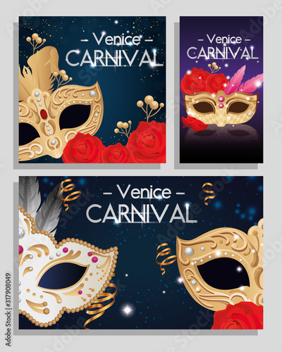 set poster of venice carnival with decoration vector illustration design