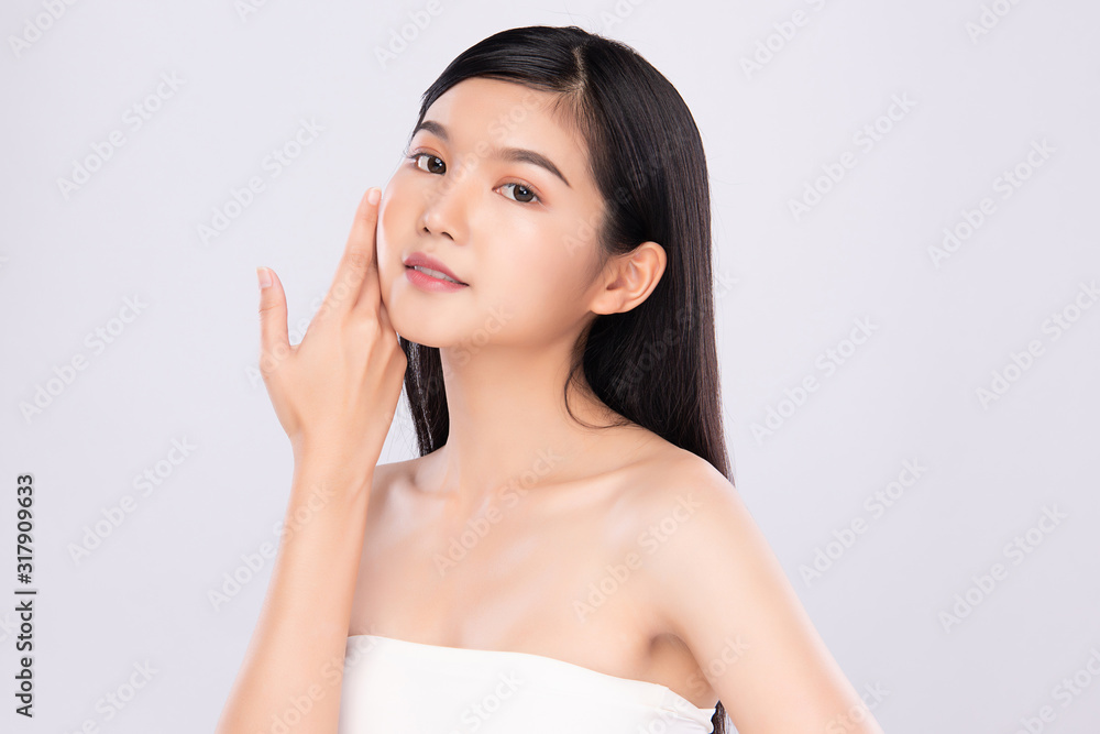 Portrait beautiful young asian woman clean fresh bare skin concept. Asian girl beauty face skincare and health wellness, Facial treatment, Perfect skin, Natural make up, on white background,two Portrait beautiful young asian woman clean fresh bare skin concept. Asian girl beauty face skincare and health wellness, Facial treatment, Perfect skin, Natural make up, on white background,two