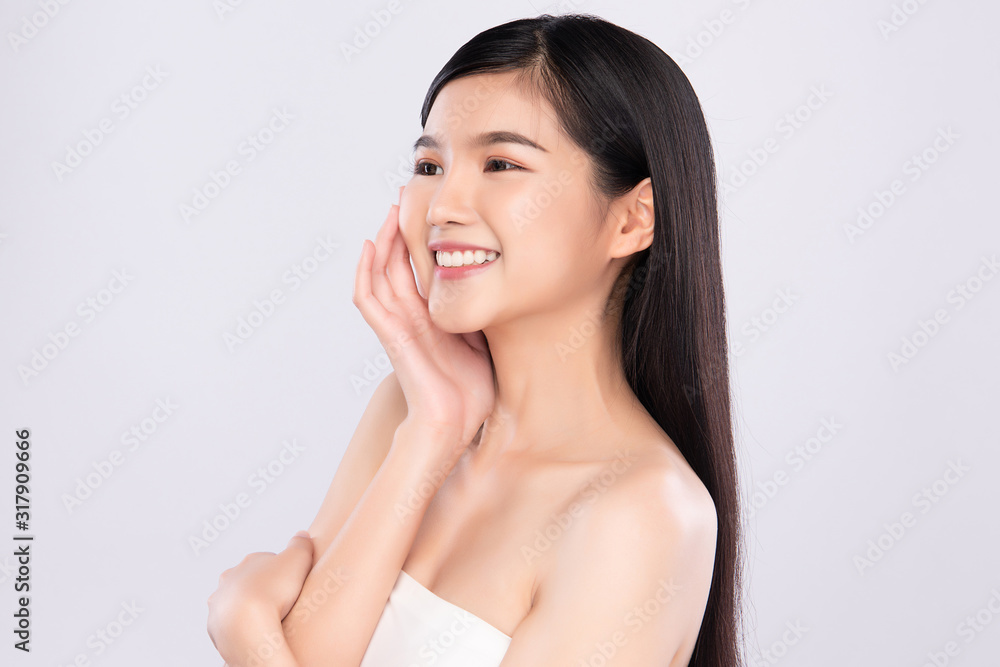 Portrait beautiful young asian woman clean fresh bare skin concept. Asian girl beauty face skincare and health wellness, Facial treatment, Perfect skin, Natural make up, on white background,two Portrait beautiful young asian woman clean fresh bare skin concept. Asian girl beauty face skincare and health wellness, Facial treatment, Perfect skin, Natural make up, on white background,two