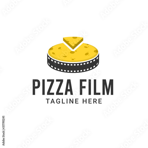 Pizza film maker logo design. Film strip with pizza vector illustration for movie studio production graphic template.