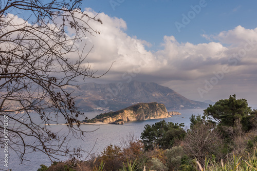 Obraz na płótnie Breathtaking, Stunning Panoramic Landscape View from Mogren Fortress, on St. Nikola Island ( Hawaii Island) Montenegro, Adriatic Sea, Budva, with golden sunshine light at twilight w salonie