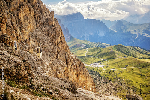 Looking down to the Sella Pass from the trail up to Forcella del Sassolungo / Langkofel Col  in the Dolomite Alps, South Tyrol, Italy © Ingo Bartussek