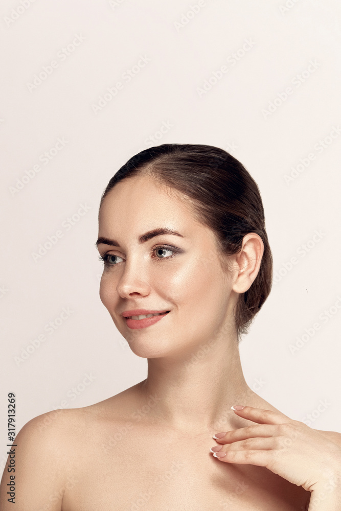Woman Face Skin Care. Closeup Beautiful Sexy Woman With Perfect Professional Makeup Touching Her Smooth Soft Pure Clean Skin. Attractive Female Model Caressing Face. Beauty Cosmetics. Woman Face Skin Care. Closeup Beautiful Sexy Woman With Perfect Professional Makeup Touching Her Smooth Soft Pure Clean Skin. Attractive Female Model Caressing Face. Beauty Cosmetics.