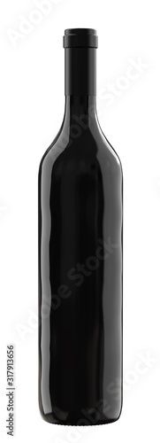 Black Glass Bottle of Grappa, Vodka or Wine. 3D Render Isolated on White.
