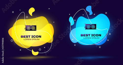 Black Video graphic card icon isolated on blue background. Set abstract banner with liquid shapes. Vector Illustration