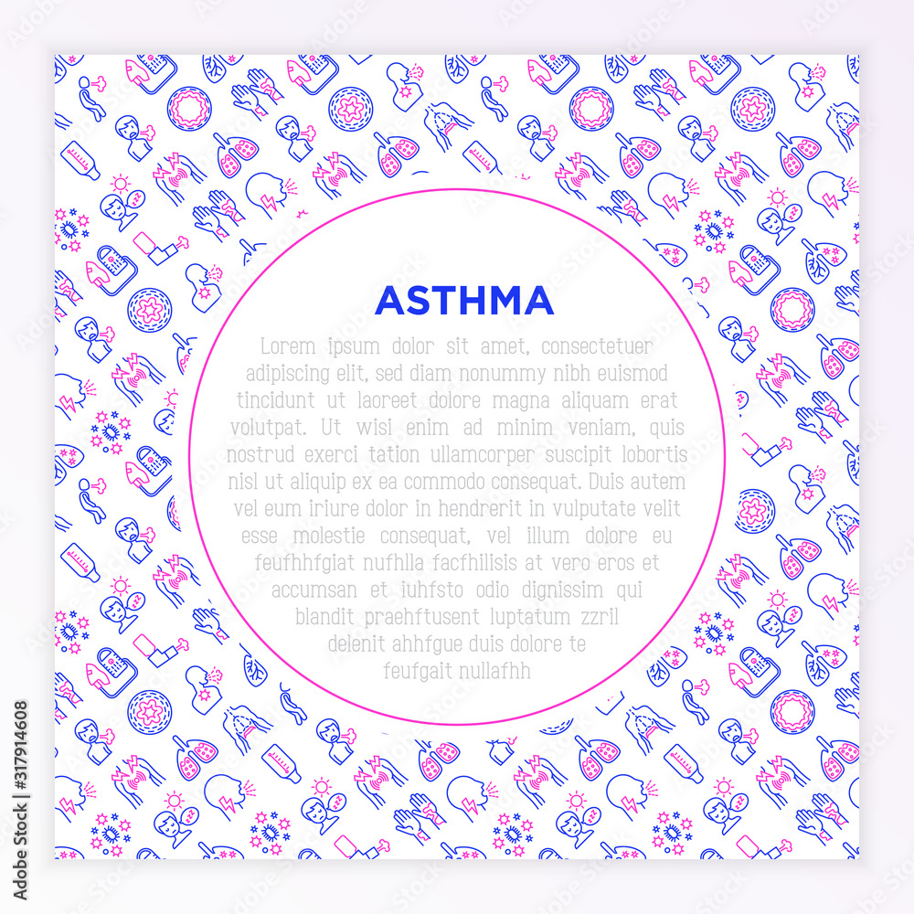 Asthma concept with thin line icons: allergen, dyspnea, cough, wheezing, chest pain, diaphragm, hives, sputum, peak flow meter, inhaler, nebulizer. Vector illustration, template with copy space. Asthma concept with thin line icons: allergen, dyspnea, cough, wheezing, chest pain, diaphragm, hives, sputum, peak flow meter, inhaler, nebulizer. Vector illustration, template with copy space.