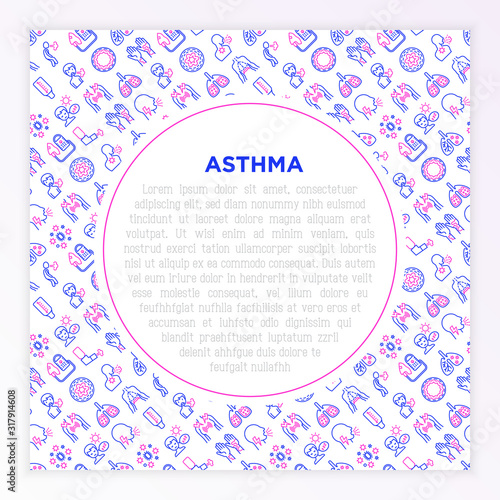 Asthma concept with thin line icons: allergen, dyspnea, cough, wheezing, chest pain, diaphragm, hives, sputum, peak flow meter, inhaler, nebulizer. Vector illustration, template with copy space.