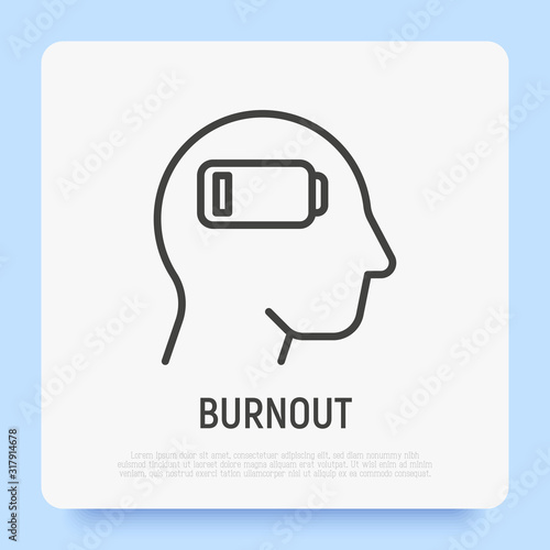 Burnout syndrome thin line icon: low battery in human head. Tiredness, fatigue, stress. Modern vector illustration.