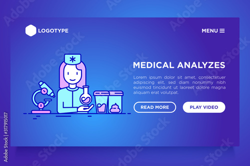 Medical laboratory website template. Nurse takes blood test, urine test, stool. Thin line icons. Vector illustration with copy space.