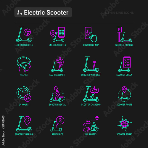 Electric scooter thin line icons set: sharing service, mobile app, QR code, parking, helmet, eco transport, pointer. Modern vector illustration.