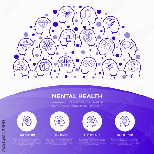 Mental health concept in half circle with thin line icons: mental growth, negative thinking, emotional reasoning, logical plan, obsession, balance, brilliant thought, self identity Vector illustration