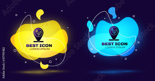 Black Chicken farm and location icon isolated on blue background. Set abstract banner with liquid shapes. Vector Illustration
