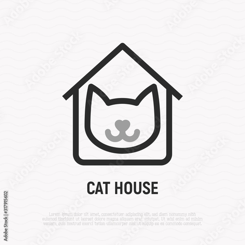 Cat house thin line icon. Logo for shop or veterinary. Modern vector illustration.