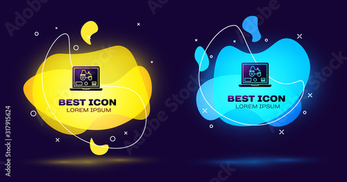 Black Laptop application for control a autonomous tractor on a smart farm icon isolated on blue background. Smart agriculture implement. Set abstract banner with liquid shapes. Vector Illustration