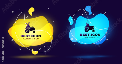 Black Self driving wireless tractor on a smart farm icon isolated on blue background. Smart agriculture implement element. Set abstract banner with liquid shapes. Vector Illustration