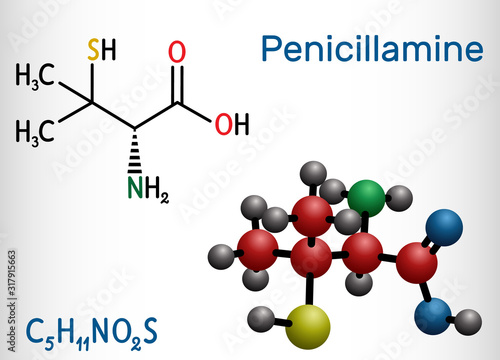 Penicillamine, D-penicillamine C5H11NO2S molecule. It is chelating agent, an antirheumatic and allergen drug. Structural chemical formula and molecule model