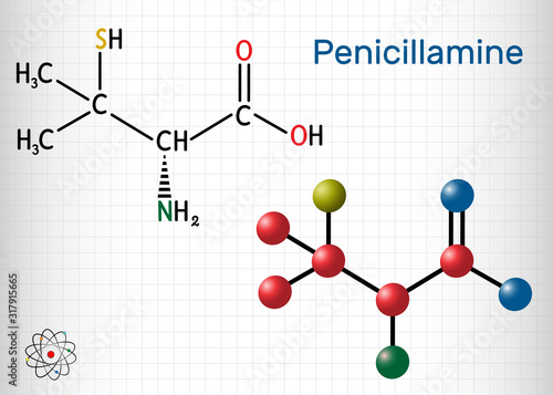 Penicillamine, D-penicillamine C5H11NO2S molecule. It is chelating agent, an antirheumatic and allergen drug. Structural chemical formula and molecule model. Sheet of paper in a cage.