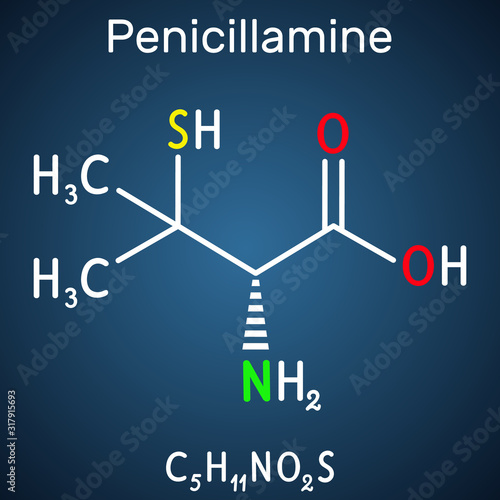 Penicillamine, D-penicillamine C5H11NO2S molecule. It is chelating agent, an antirheumatic and allergen drug. Structural chemical formula on the dark blue background