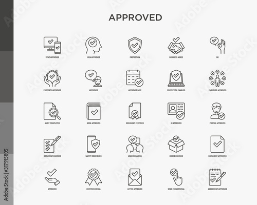 Approved thin line icons set: sync, idea, agreement, calendar date, employee, audit completed, document certified, profile, checklist, understanding. Modern vector illustration.
