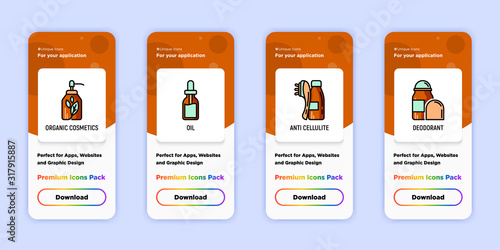 Beauty shop mobile user interface with copy space and thin line icons: organic cosmetics, oil, anti cellulite, deodorant. Modern vector illustration for mobile app.
