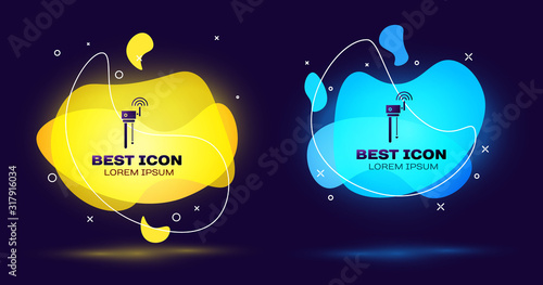 Black Router and wi-fi signal symbol icon isolated on blue background. Wireless ethernet modem router. Computer technology internet. Set abstract banner with liquid shapes. Vector Illustration