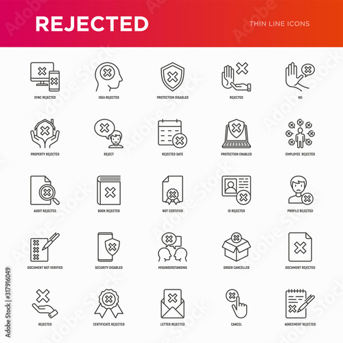 Rejected thin line icons set: sync, idea, agreement, calendar date, employee, audit, document not certified, profile, order cancelled, misunderstanding. Modern vector illustration.