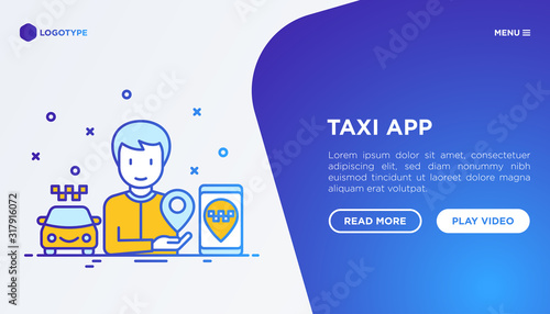 Man using taxi app on smartphone. Web page template with copy space. Thin line icon. Vector illustration.