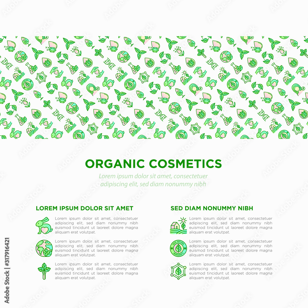 Organic cosmetics concept with thin line icons. Cruelty free, 0% alcohol, natural ingredients, paraben free, eco friendly, no mineral oil, non GMO. Vector illustration, template with copy space.