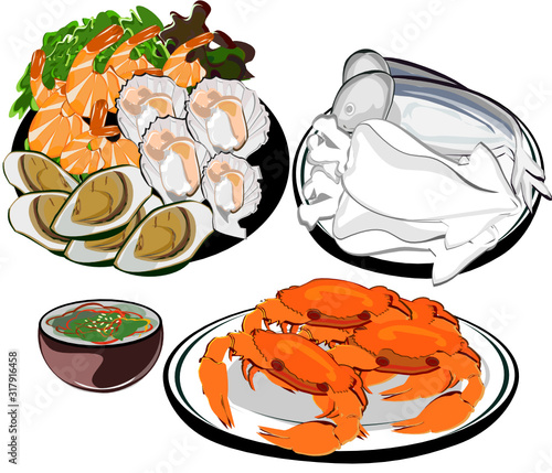 Grilled seafood and spicy dipping sauce, mussels, scallops and crabs, shrimp, squid, tuna. Asian, Thai, Japanese, Korean food.