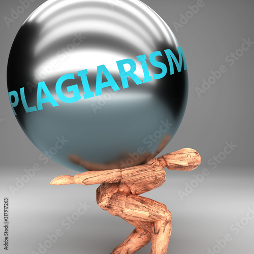 Fotografia Plagiarism as a burden and weight on shoulders - symbolized by word Plagiarism o