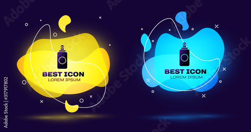 Black Spray can for air freshener, hairspray, deodorant, antiperspirant icon isolated on blue background. Set abstract banner with liquid shapes. Vector Illustration