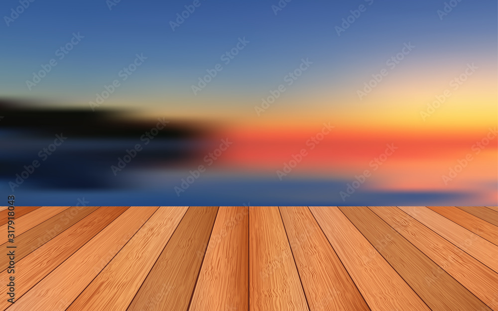 wooden floor with landscape of morning time	