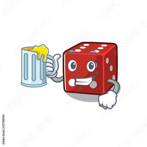 Happy dice mascot design with a big glass