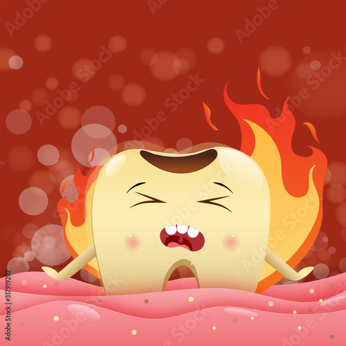 Cute cartoon with the tooth eats spicy food, causing burning sensation., children dentistry concept. Vector Illustration