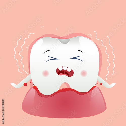 Cute cartoon with the injured tooth causing bleeding and pain in the gums children dentistry concept. Vector Illustration