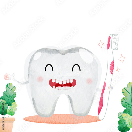 Watercolor for Cute cartoon happy tooth with toothpaste character cleaning itself with toothbrush, oral dental hygiene, children dentistry concept. Vector Illustration