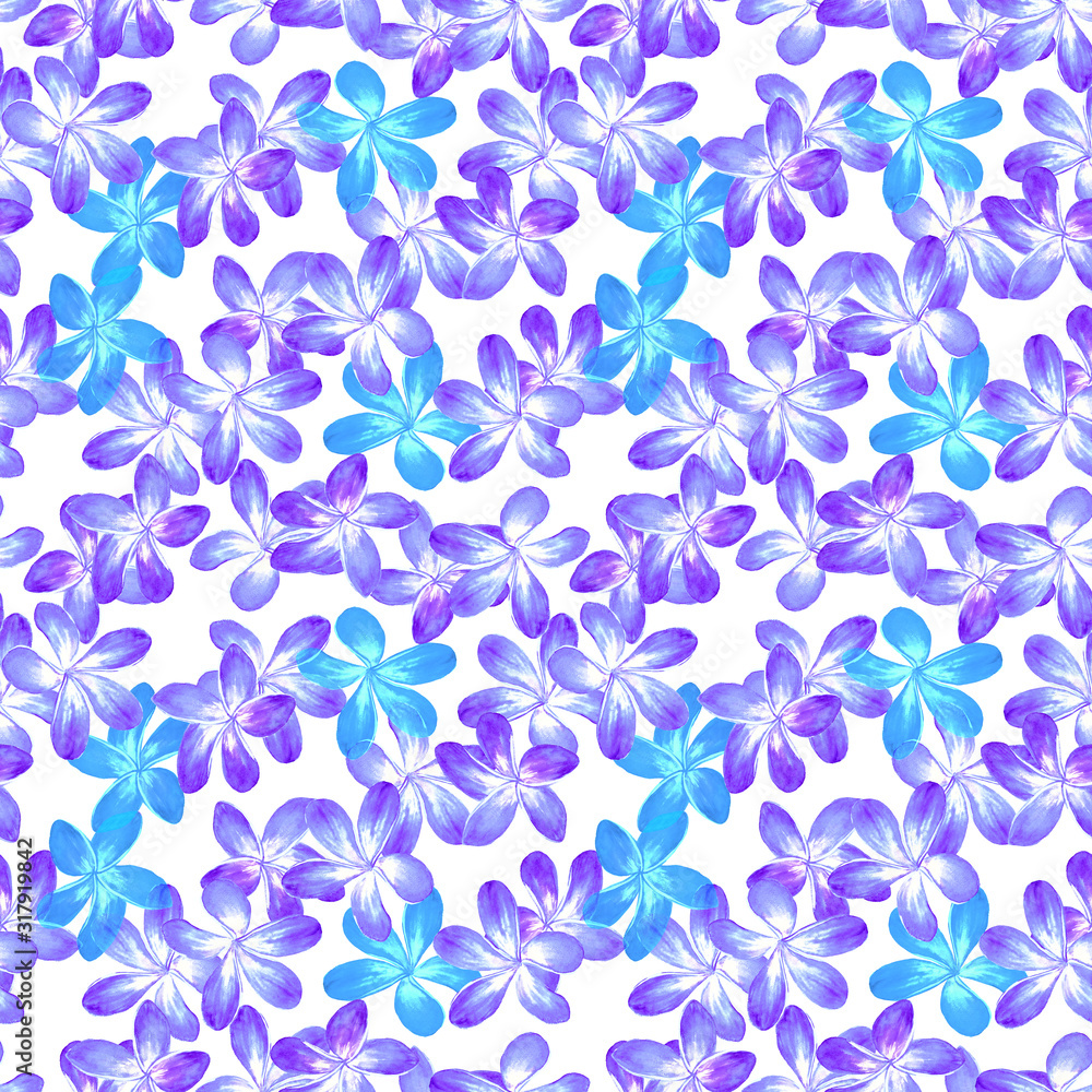 Fototapeta premium Plumeria blue and purple flowers watercolor illustration, seamless pattern design on white