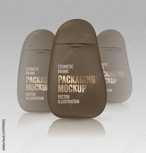 Package mockup. 3D bottle template of plastic container for liquid, skin care, foams, shampoo, shower, lotion. Tube for cosmetic brand and product with unique packaging design. 