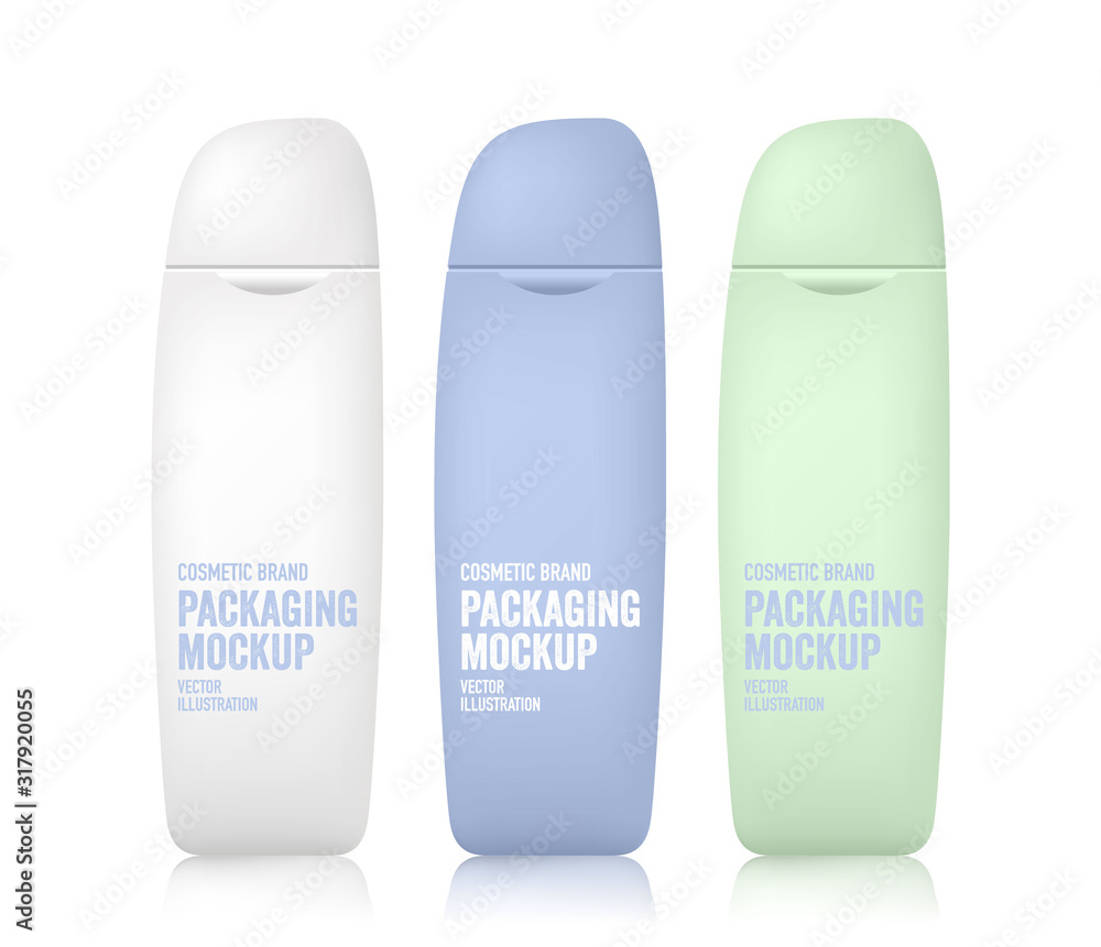 Package mockup. 3D bottle template of plastic container for liquid, skin care, foams, shampoo, shower, lotion. Tube for cosmetic brand and product with unique packaging design. Package mockup. 3D bottle template of plastic container for liquid, skin care, foams, shampoo, shower, lotion. Tube for cosmetic brand and product with unique packaging design.