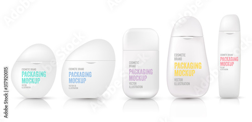 Package mockup. 3D bottle template of plastic container for liquid, skin care, foams, shampoo, shower, lotion. Tube for cosmetic brand and product with unique packaging design. 