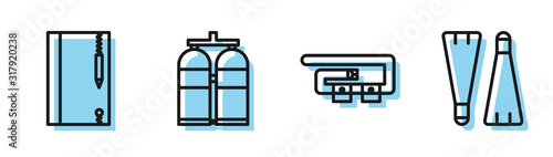 Set line Diving belt, Underwater note book and pencil, Aqualung and Rubber flippers for swimming icon. Vector