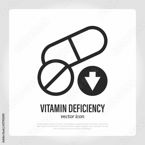 Vitamin deficiency thin line icon. Pill and capsule with arrow down. Health care and medical vector illustration.