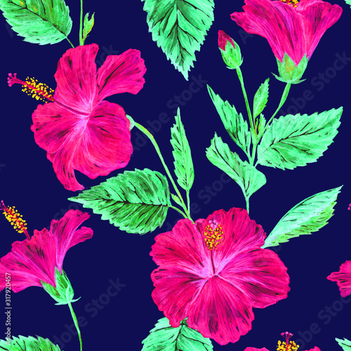 Pink hibiscus rose flowers with green leaves  hand painted watercolor illustration  seamless pattern design on dark blue background