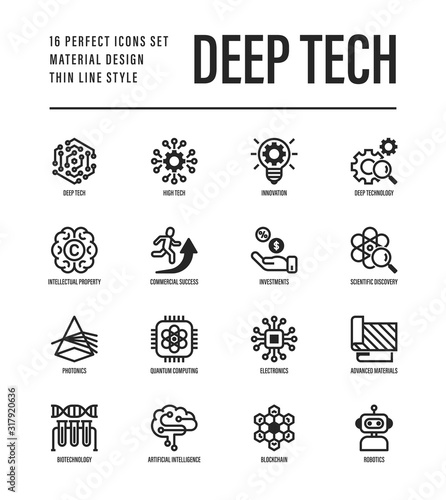 Deep tech thin line icons set. Symbols of ai, innovation, intellectual property, scientific discovery, investment,  quantum computing, photonics, blockchain, robotics. Vector illustration.