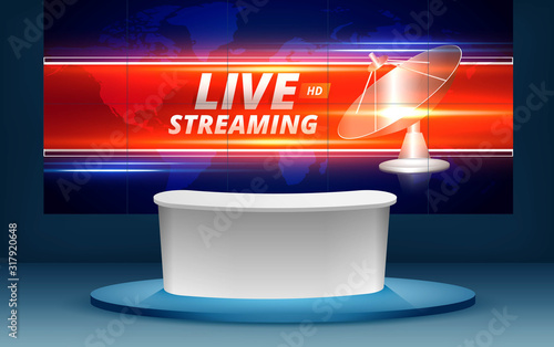 table with live hd on lcd background in the news studio room	