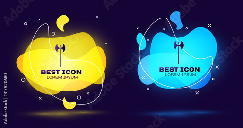 Black Medieval axe icon isolated on blue background. Battle axe, executioner axe. Medieval weapon. Set abstract banner with liquid shapes. Vector Illustration