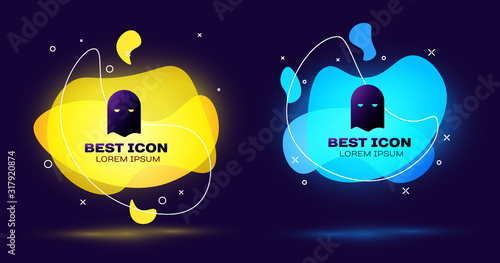 Black Executioner mask icon isolated on blue background. Hangman, torturer, executor, tormentor, butcher, headsman icon. Set abstract banner with liquid shapes. Vector Illustration
