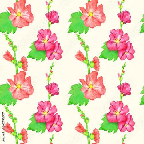 Red Alcea rosea  common hollyhock  mallow flower  stem with green leaves and buds  hand painted watercolor illustration  seamless pattern design on soft yellow background