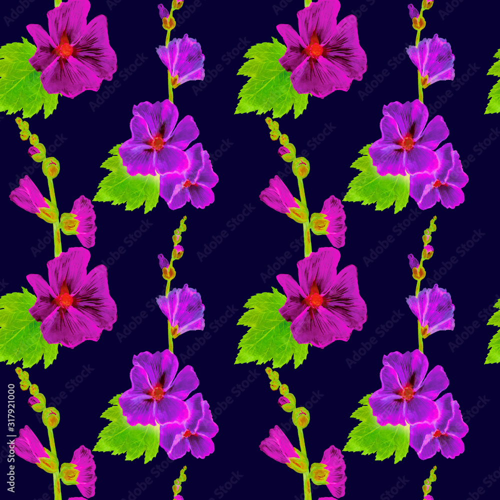 Pink-purple Alcea rosea (common hollyhock, mallow flower) stem with green leaves and buds,  hand painted watercolor illustration, seamless pattern design on dark blue background